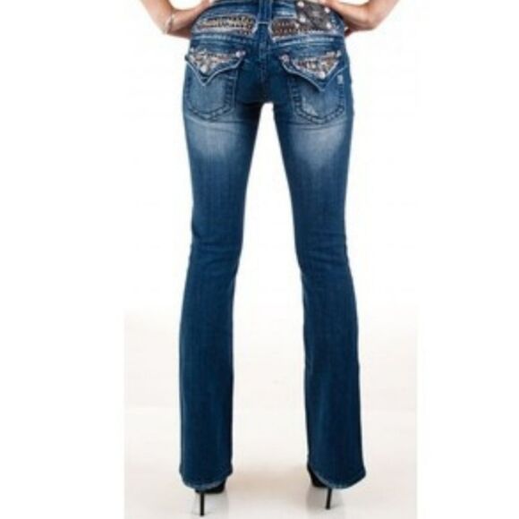 Miss Me Signature Rise Boot Cut Sequin & Embroidered Pockets Blue Denim Jeans 28 - Picture 2 of 16